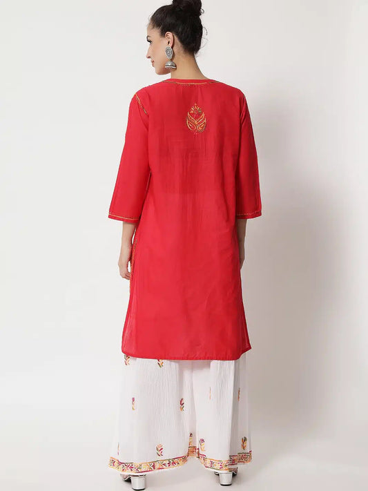 Hand Embroidered White Kurti-Sharara Set