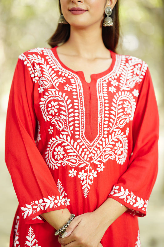 Crimson Red Embroidered Chikankari Kurta