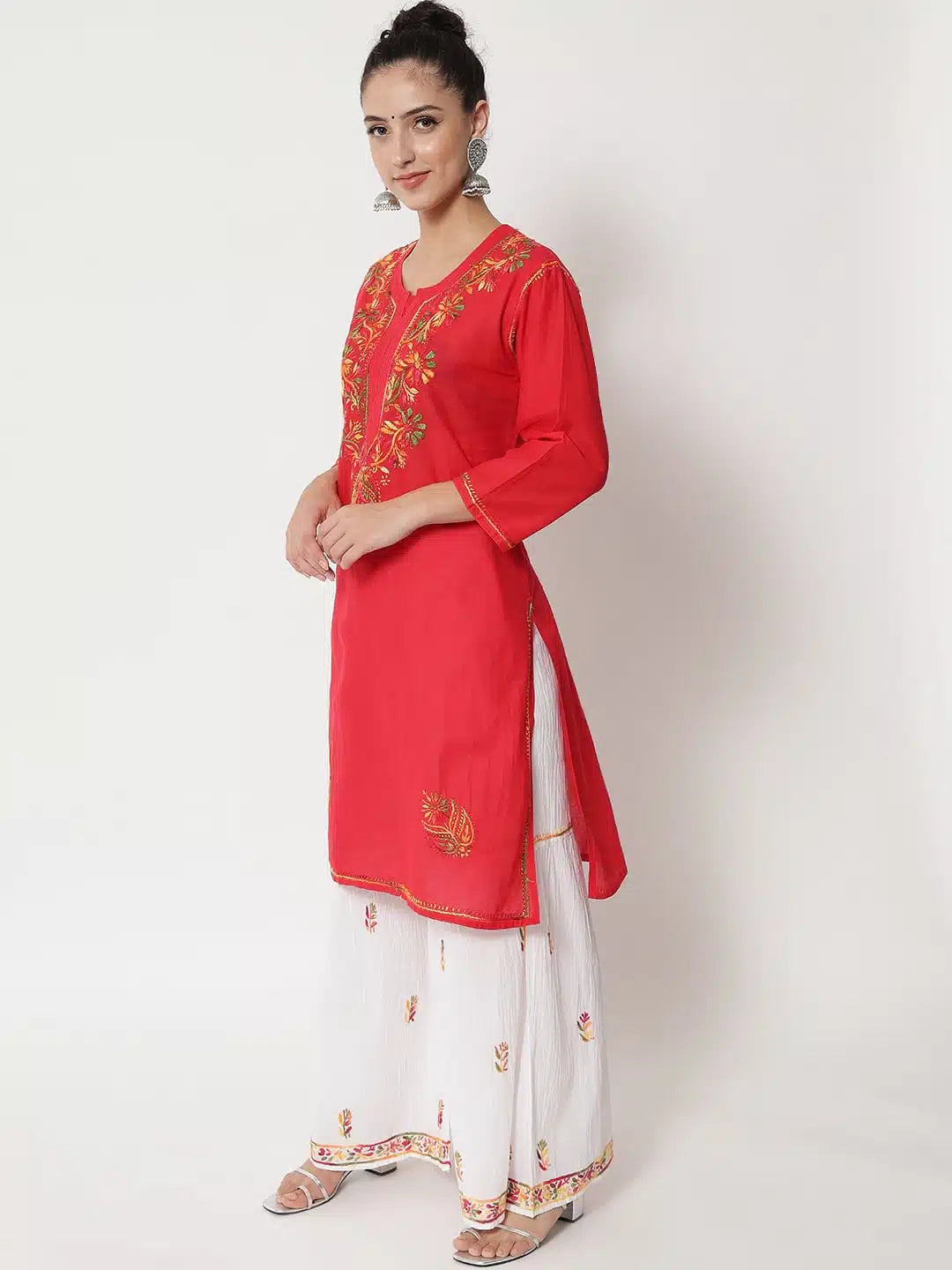 Hand Embroidered White Kurti-Sharara Set