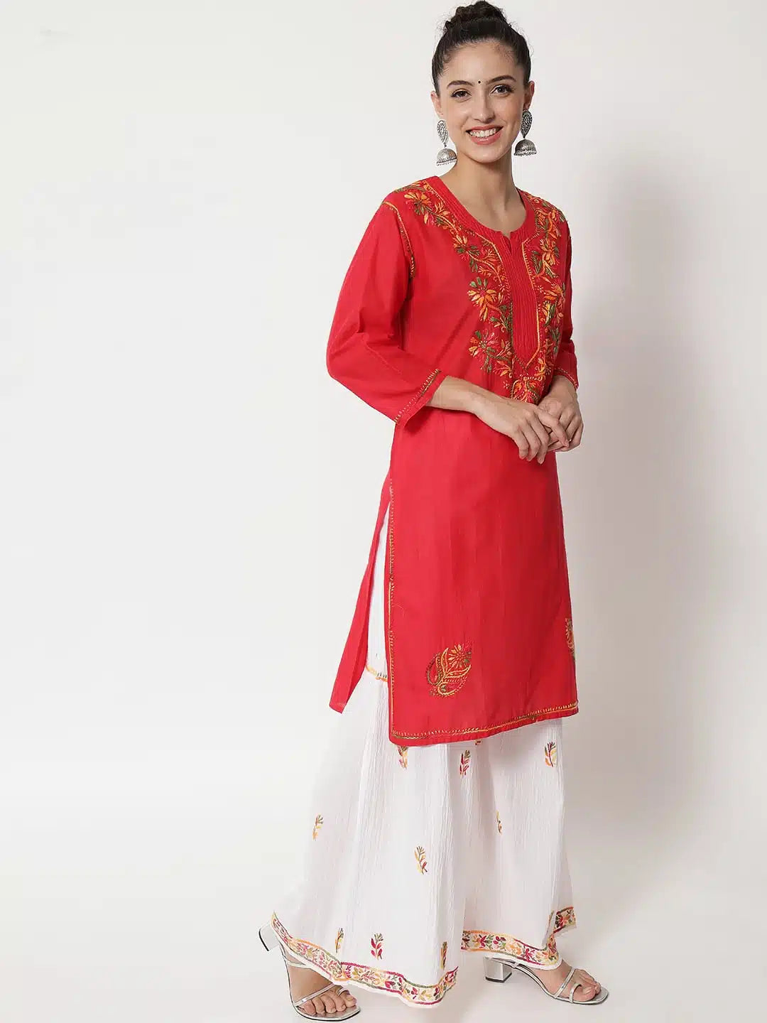 Hand Embroidered White Kurti-Sharara Set