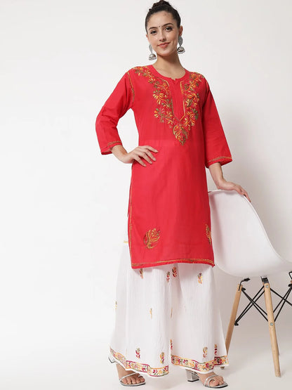 Hand Embroidered White Kurti-Sharara Set