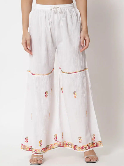 Hand Embroidered White Kurti-Sharara Set
