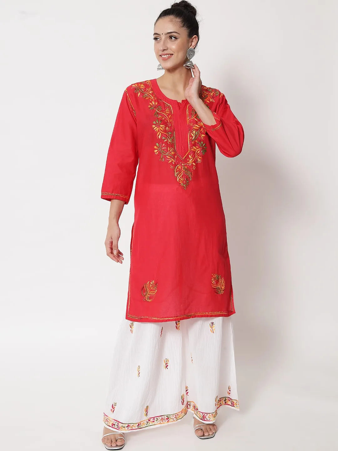 Hand Embroidered White Kurti-Sharara Set