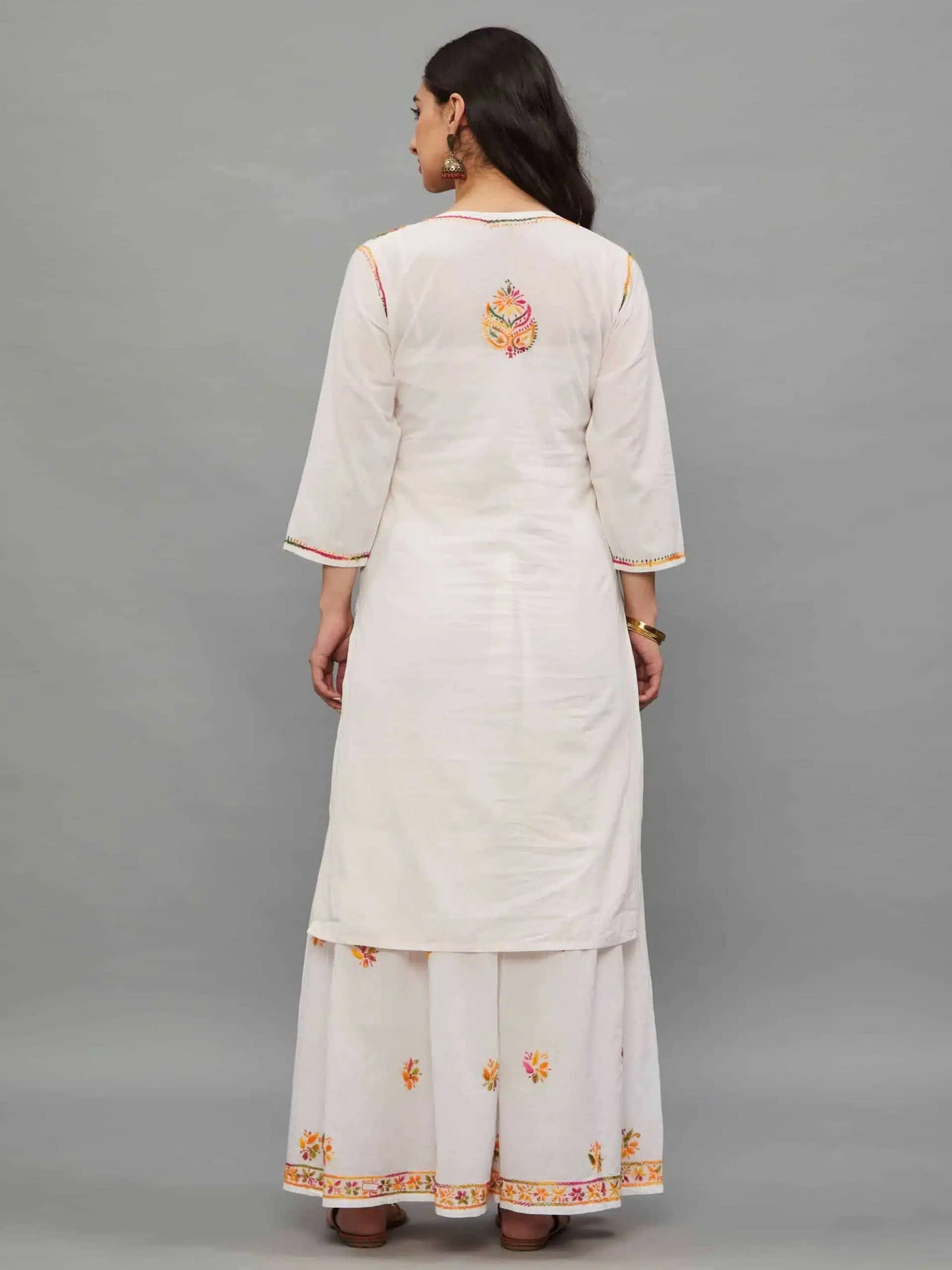 wHITE Hand Embroidered White Kurti-Sharara Set