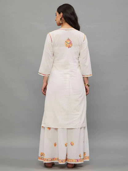 wHITE Hand Embroidered White Kurti-Sharara Set