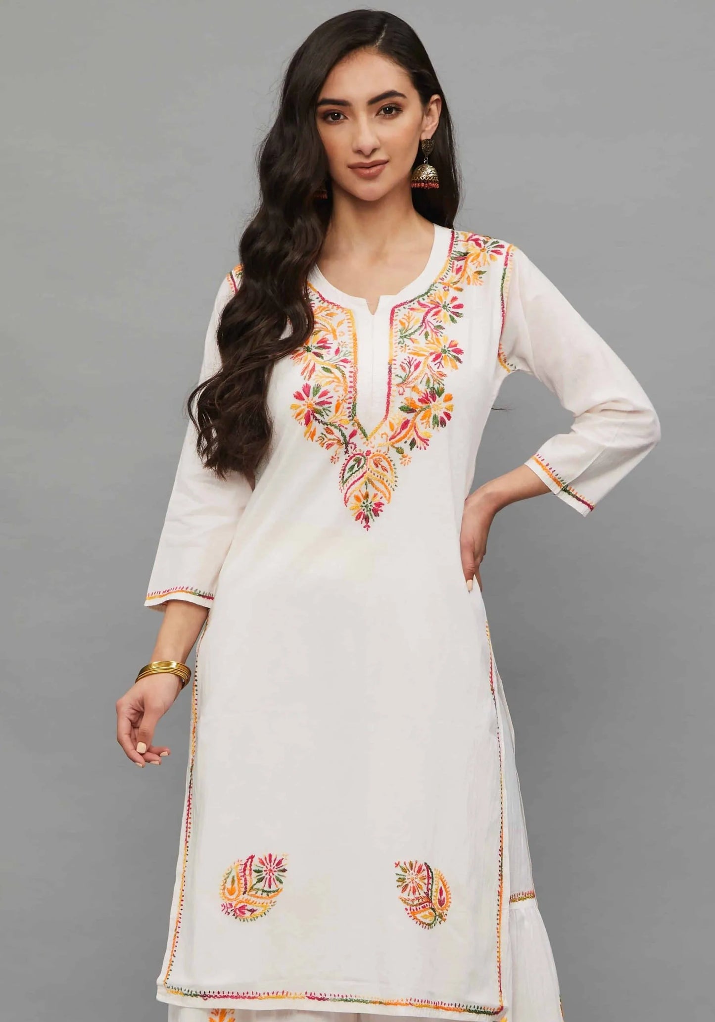 wHITE Hand Embroidered White Kurti-Sharara Set
