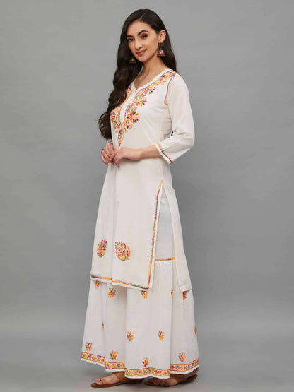 wHITE Hand Embroidered White Kurti-Sharara Set