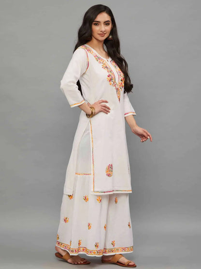 wHITE Hand Embroidered White Kurti-Sharara Set
