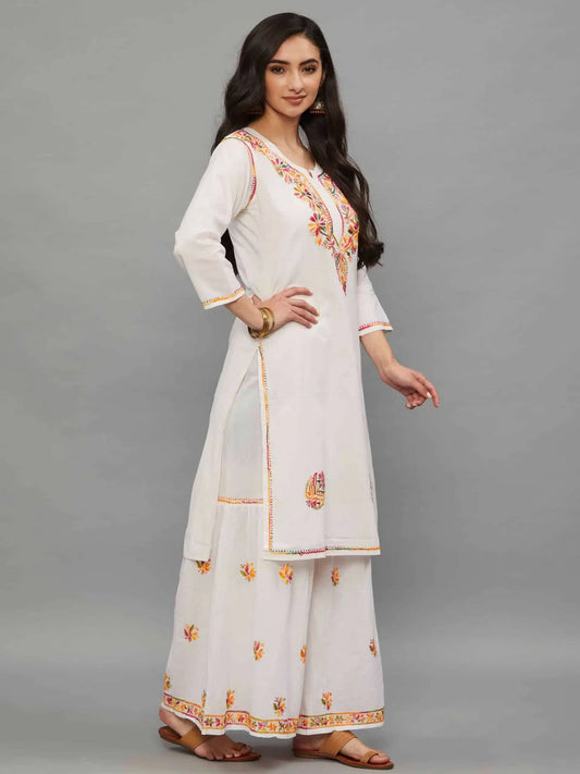 wHITE Hand Embroidered White Kurti-Sharara Set
