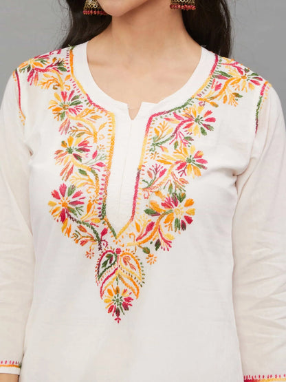 wHITE Hand Embroidered White Kurti-Sharara Set