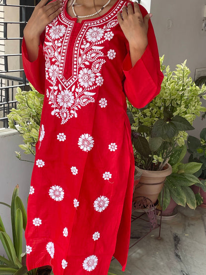 Luckhnavi Chikankari Red Sarvari Coord Set