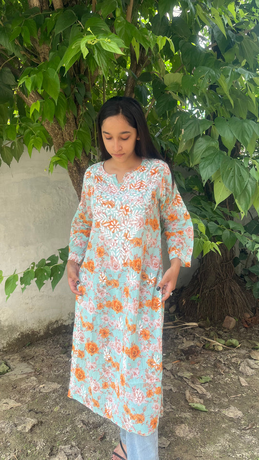 Green MulMul Kurta with Heavy Chikankari