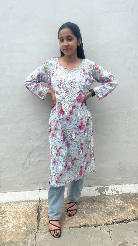 Blue MulMul Kurta with Heavy Chikankari