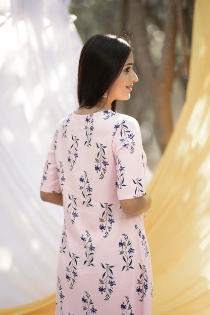Light Pink Printed Cotton Straight Kurta With Trousers