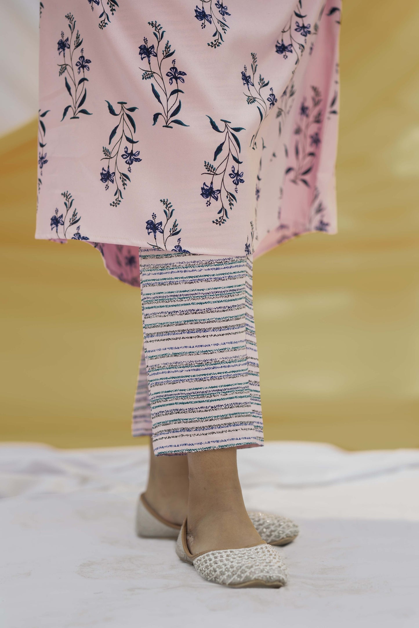 Light Pink Printed Cotton Straight Kurta With Trousers