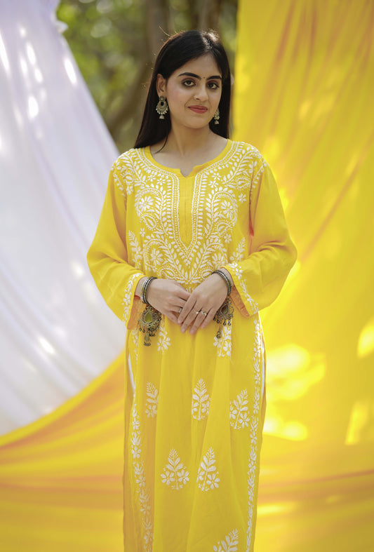 Dark Yellow Embroidered Chikankari Kurta