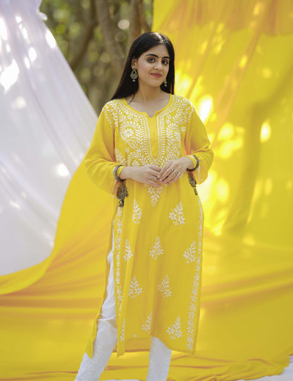 Dark Yellow Embroidered Chikankari Kurta