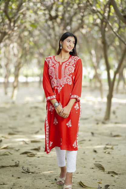 Crimson Red Embroidered Chikankari Kurta