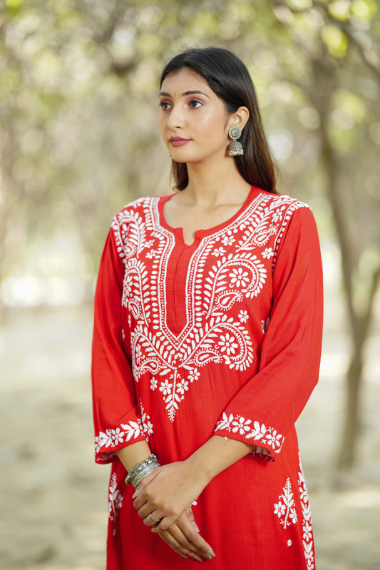 Crimson Red Embroidered Chikankari Kurta