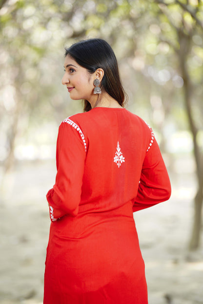 Crimson Red Embroidered Chikankari Kurta