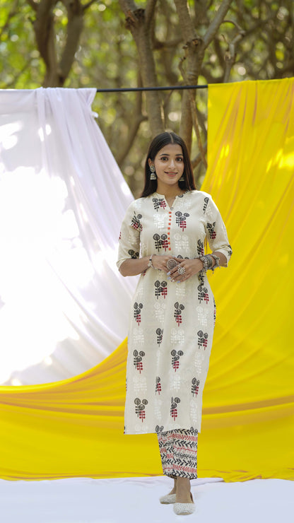 Off-White Printed Cotton Straight Kurta With Trousers