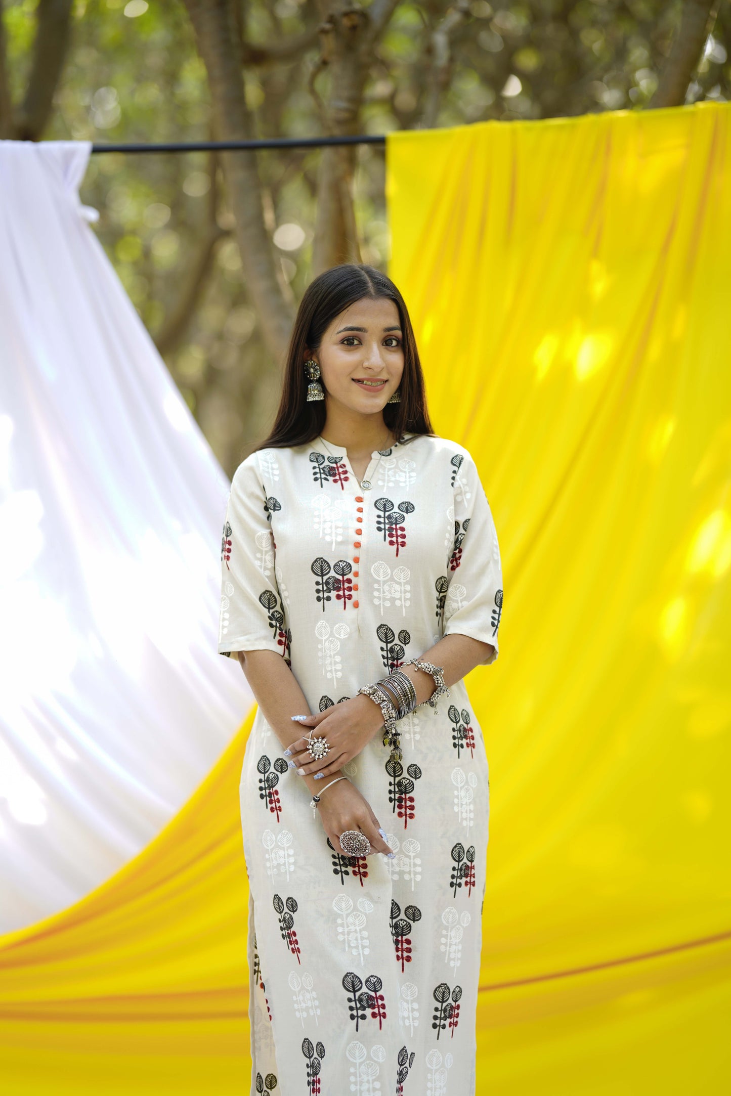 Off-White Printed Cotton Straight Kurta With Trousers