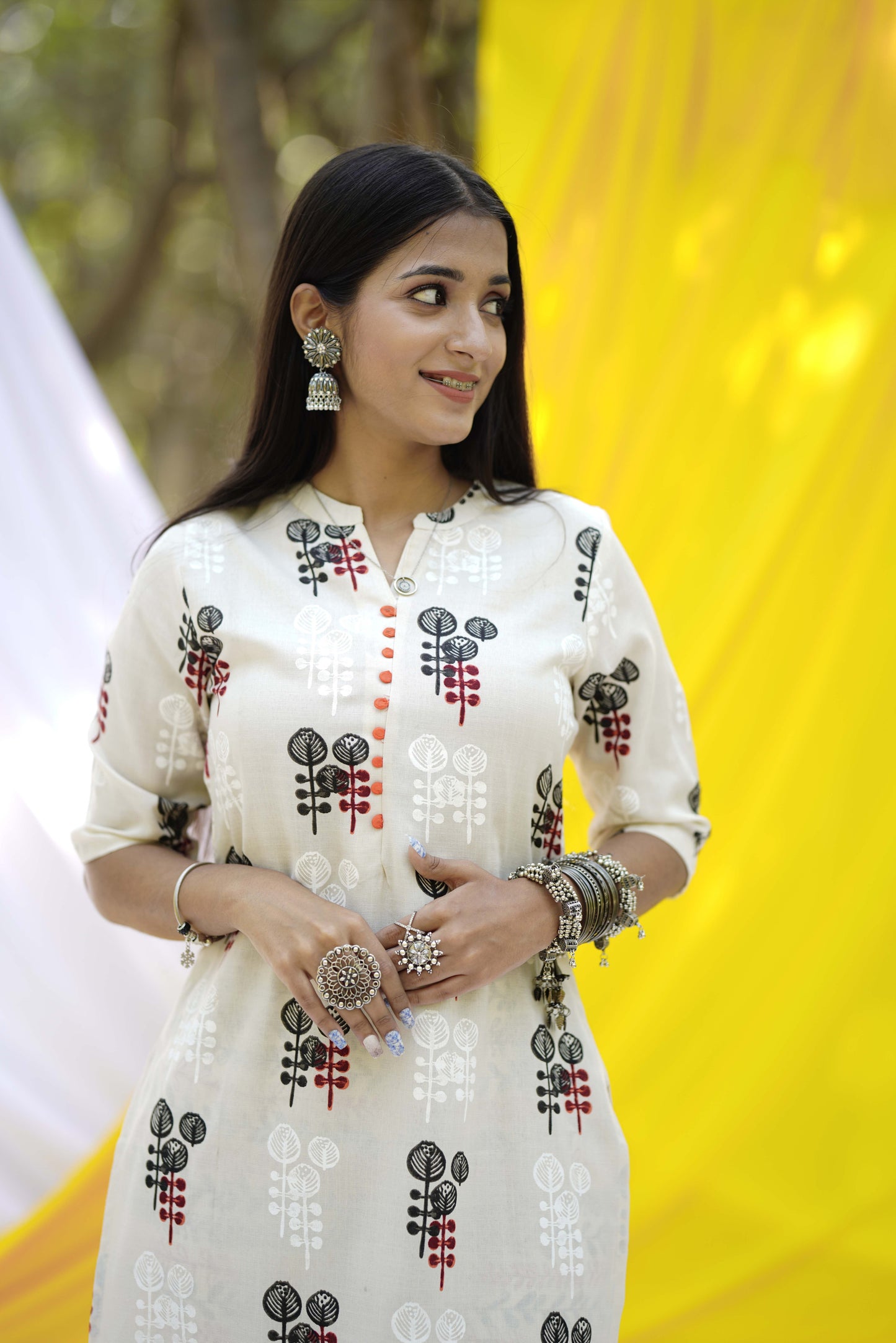 Off-White Printed Cotton Straight Kurta With Trousers