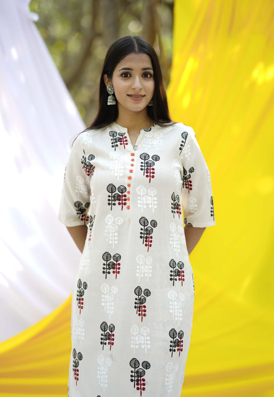 Off-White Printed Cotton Straight Kurta With Trousers
