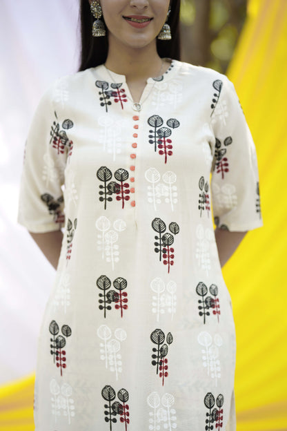 Off-White Printed Cotton Straight Kurta With Trousers