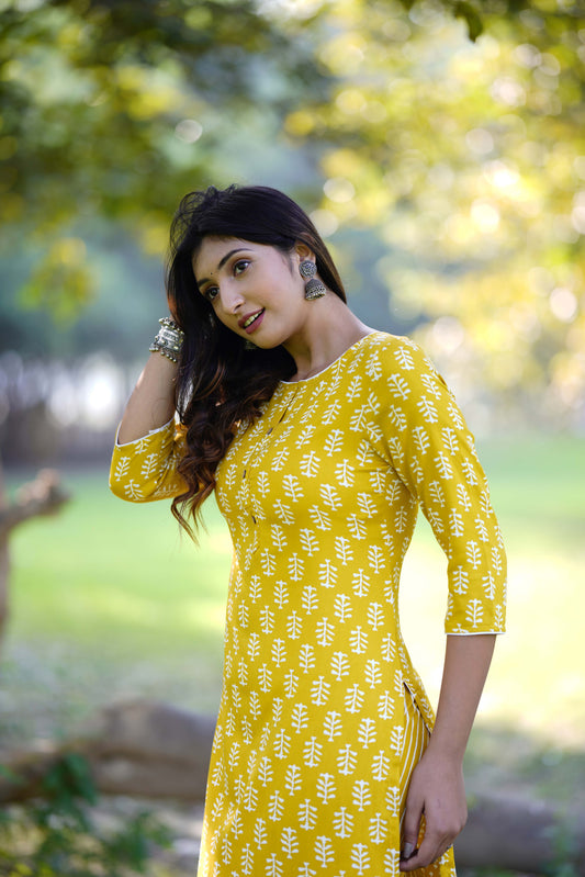 Yellow Cotton Straight Kurta With Trousers