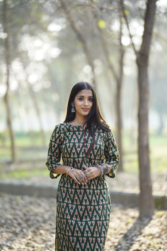 Olive Printed Cotton Straight Kurta With Trousers