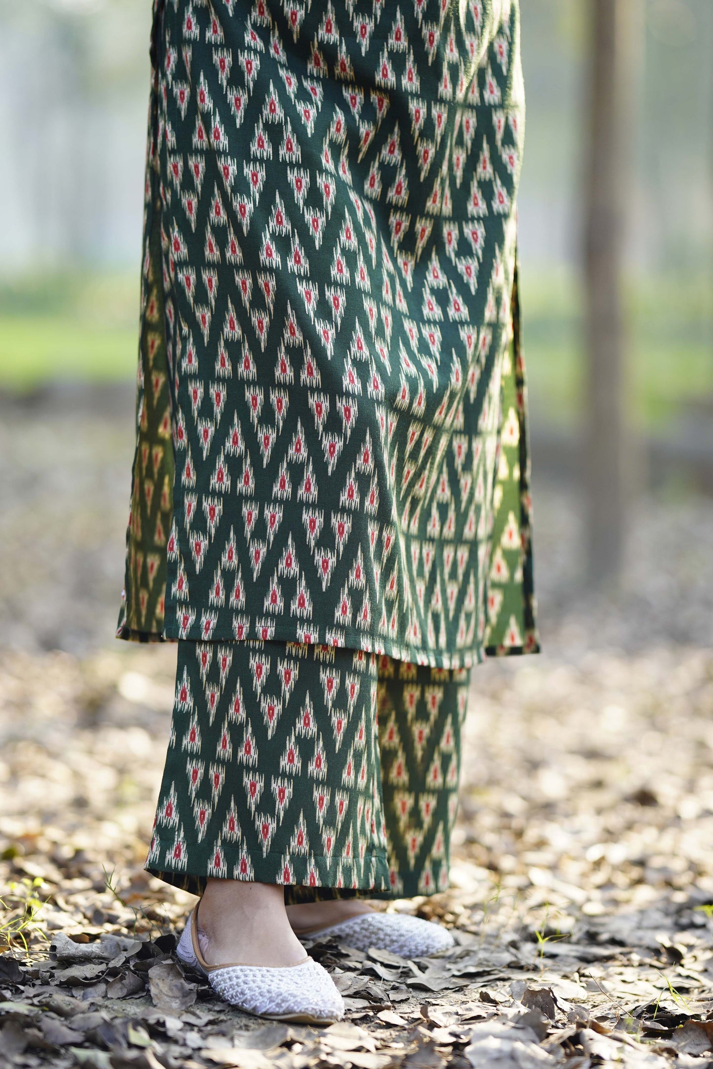 Olive Printed Cotton Straight Kurta With Trousers