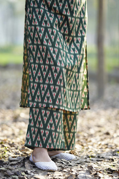 Olive Printed Cotton Straight Kurta With Trousers