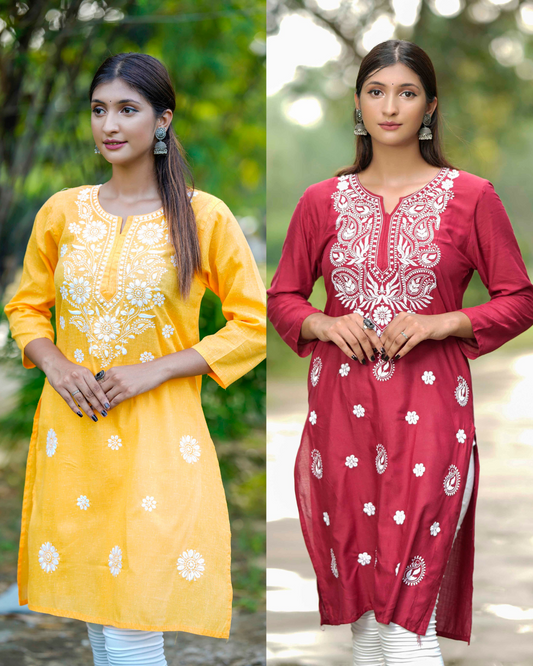 Red & Yellow Chikankari Kurta COMBO