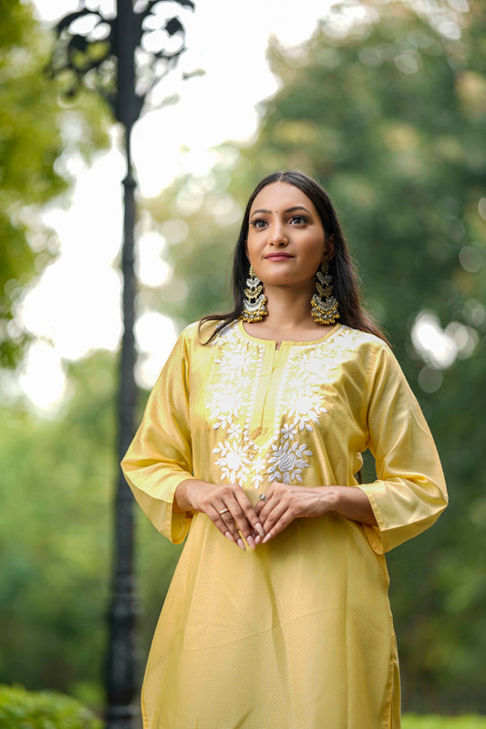 PASTEL YELLOW RAYON PURE COTTON KURTI