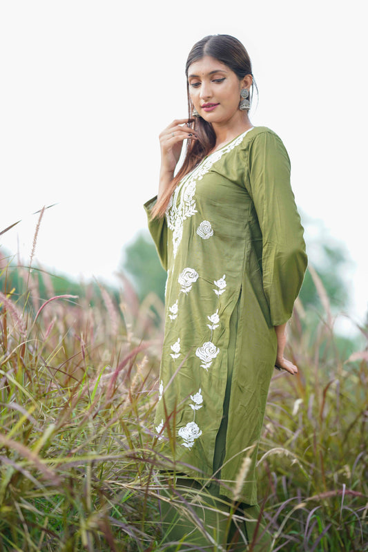OLIVE GREEN CHIKANKARI CO-ORD SET