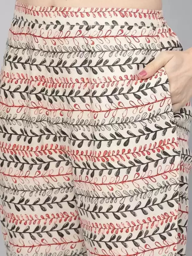 Off-White Printed Cotton Straight Kurta With Trousers