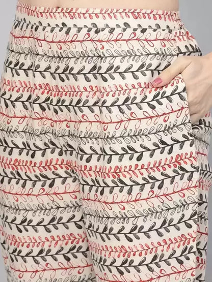 Off-White Printed Cotton Straight Kurta With Trousers